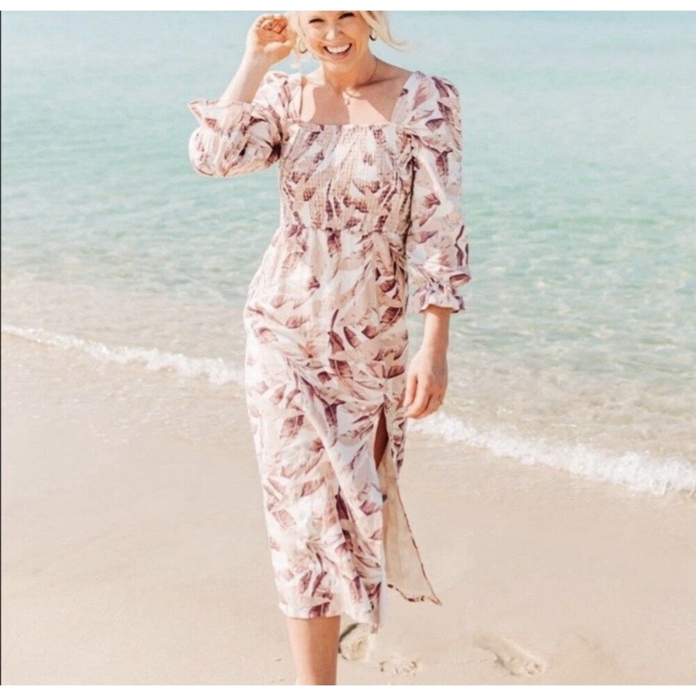 Midi Dress XS Palm Tree Smocked Pink Wedding Resort Linen House Of Harlow 1960